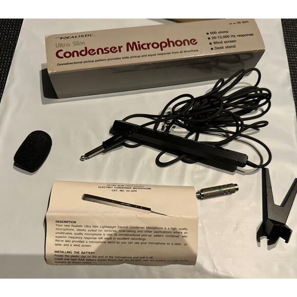 Condenser Microphone Realistic Ultra Slim 33-2011 600 ohms Desk Stand Org Box - Picture 2 of 9